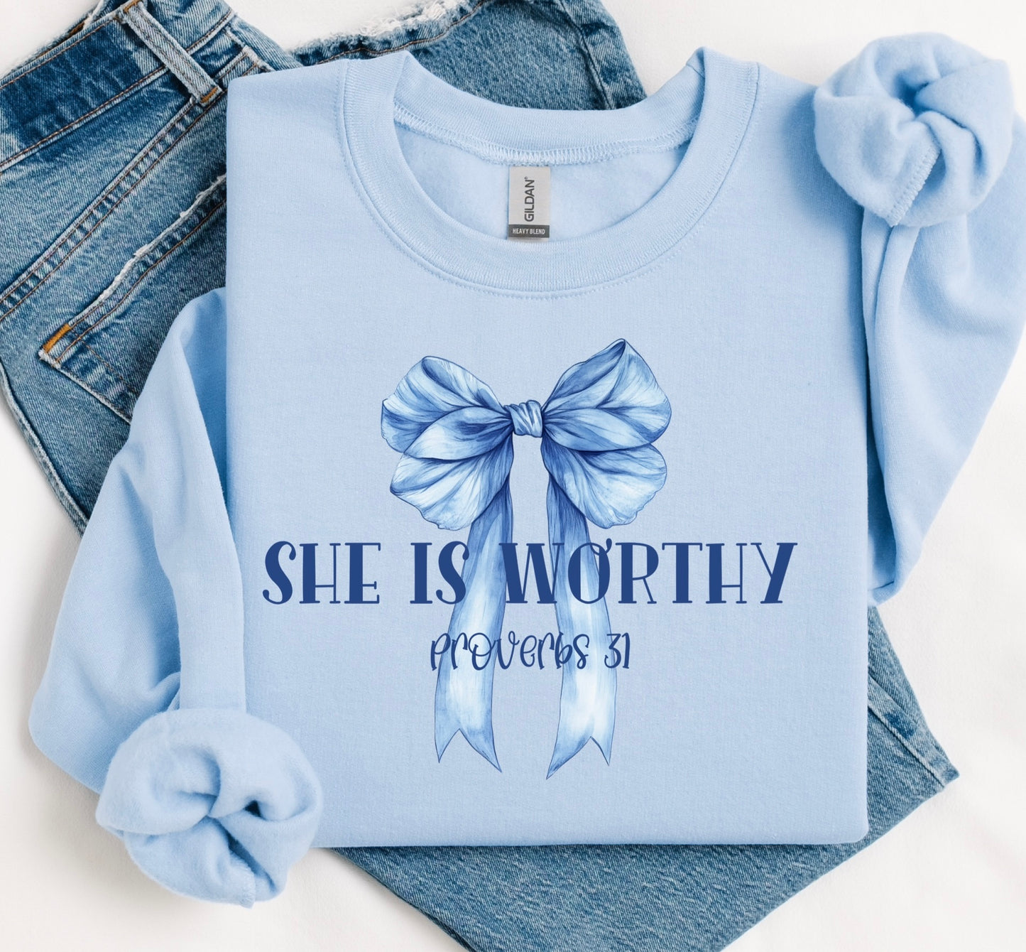 “She is Worthy” Blue Bow